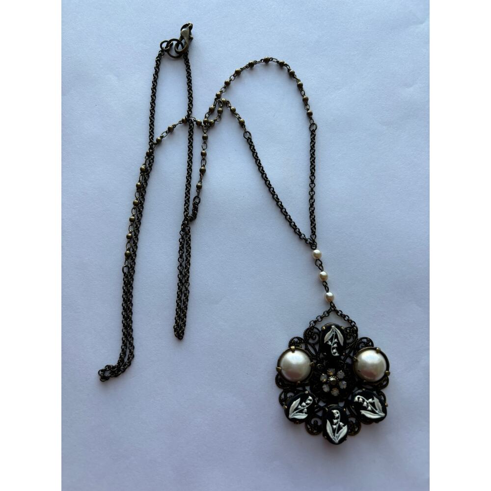 Vintage / Vintage Style Plastic Floral Cameo Faux Pearls Long Brass Necklace